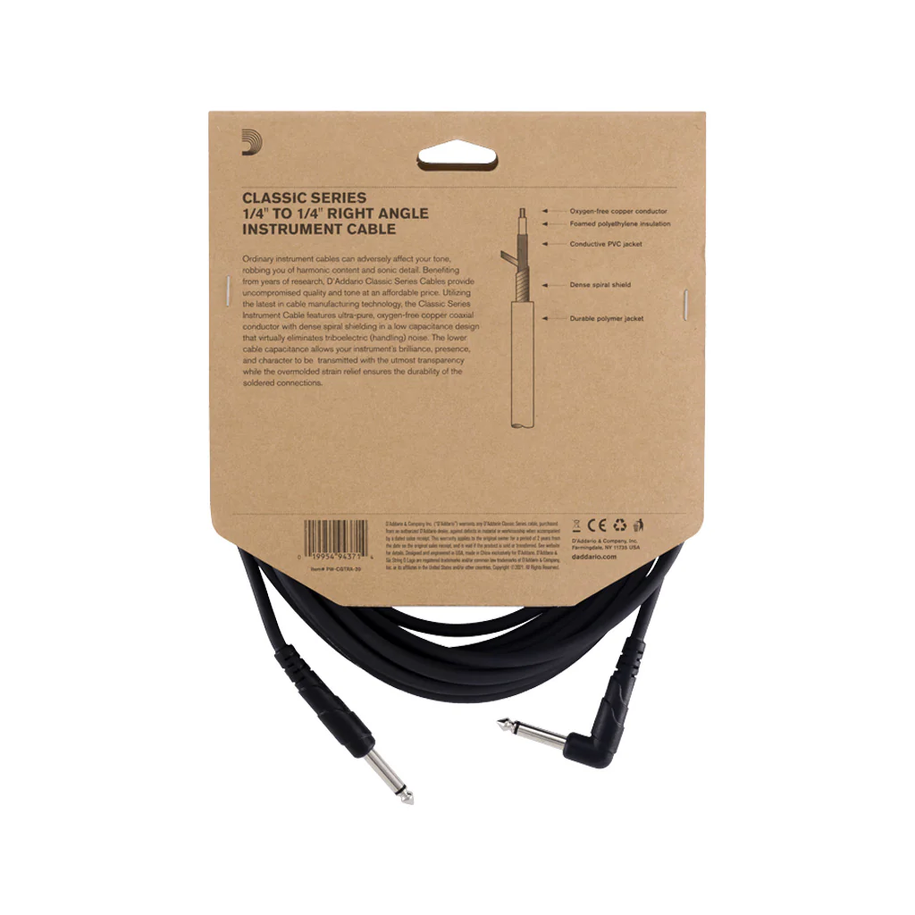 D'Addario PW-CGTRA-20 Classic Series Instrument Cable, Right Angled, 20 feet - Image 4