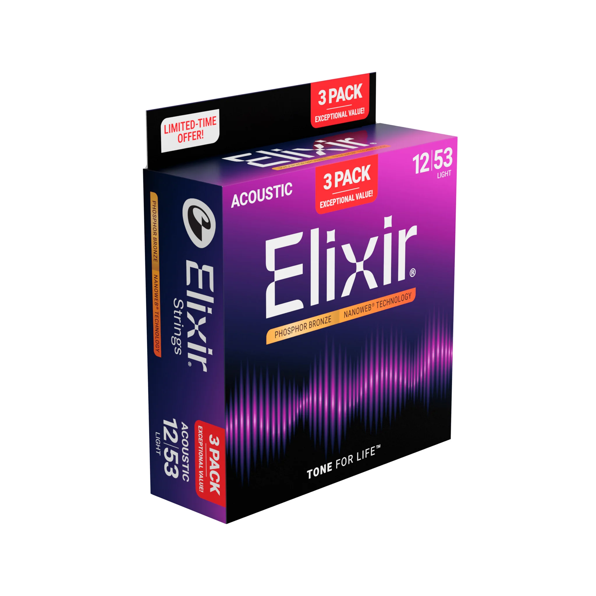 Elixir 16569 Nanoweb Phosphor Bronze Acoustic Guitar Strings, Light, 12-53, 3-Pack - Image 2