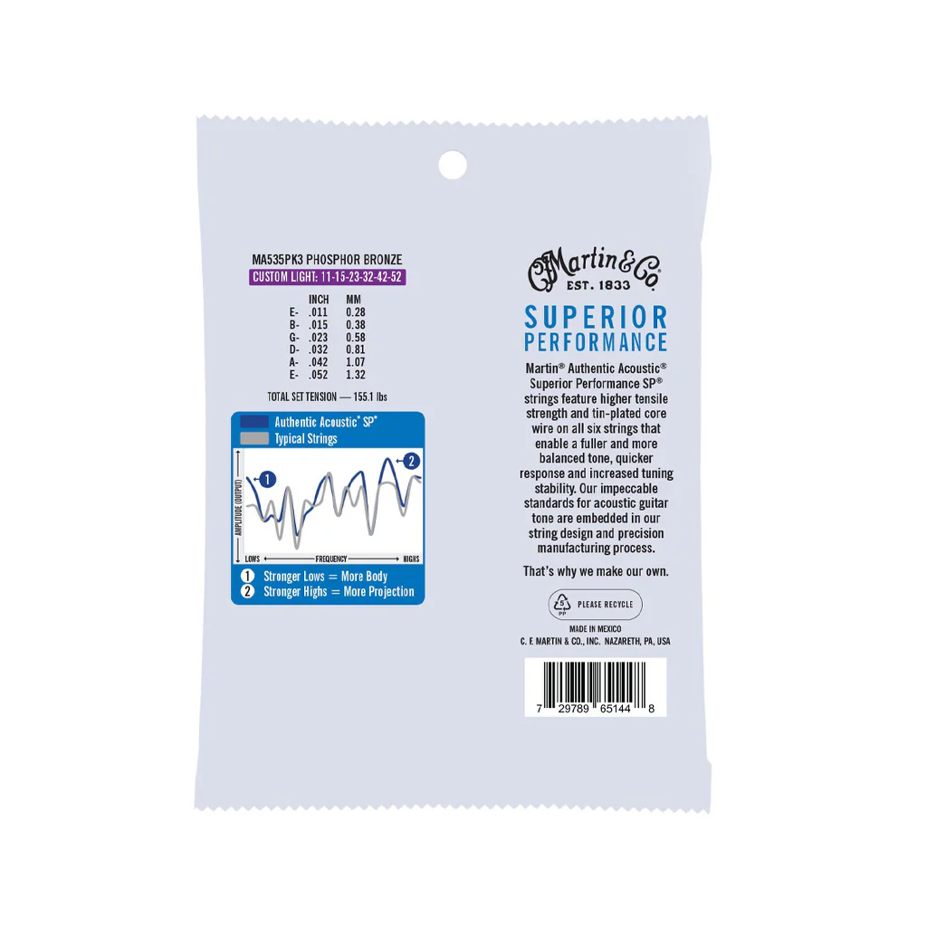 Martin MA535 Authentic Acoustic 92/8 Phosphor Bronze Custom Light Guitar Strings, 3-Pack - Image 2