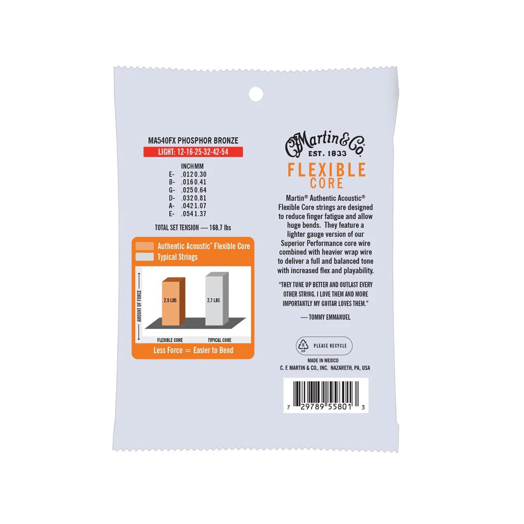 Martin MA540FX Tommys Choice Authentic Acoustic Flexible Core Phosphor Bronze Acoustic Guitar Strings, Light, 12-54 - Image 2
