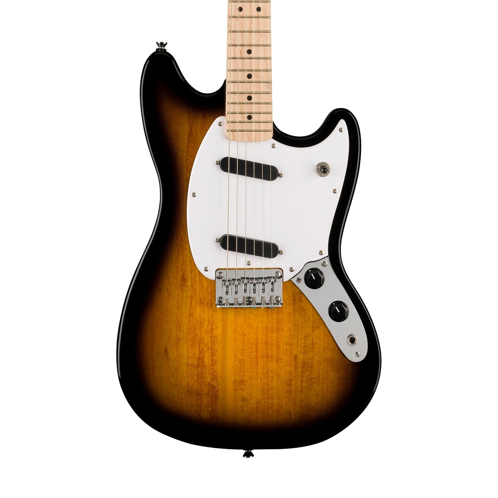 Squier Sonic Mustang Electric Guitar w/White Pickguard, Maple FB, 2-Color Sunburst - Image 3