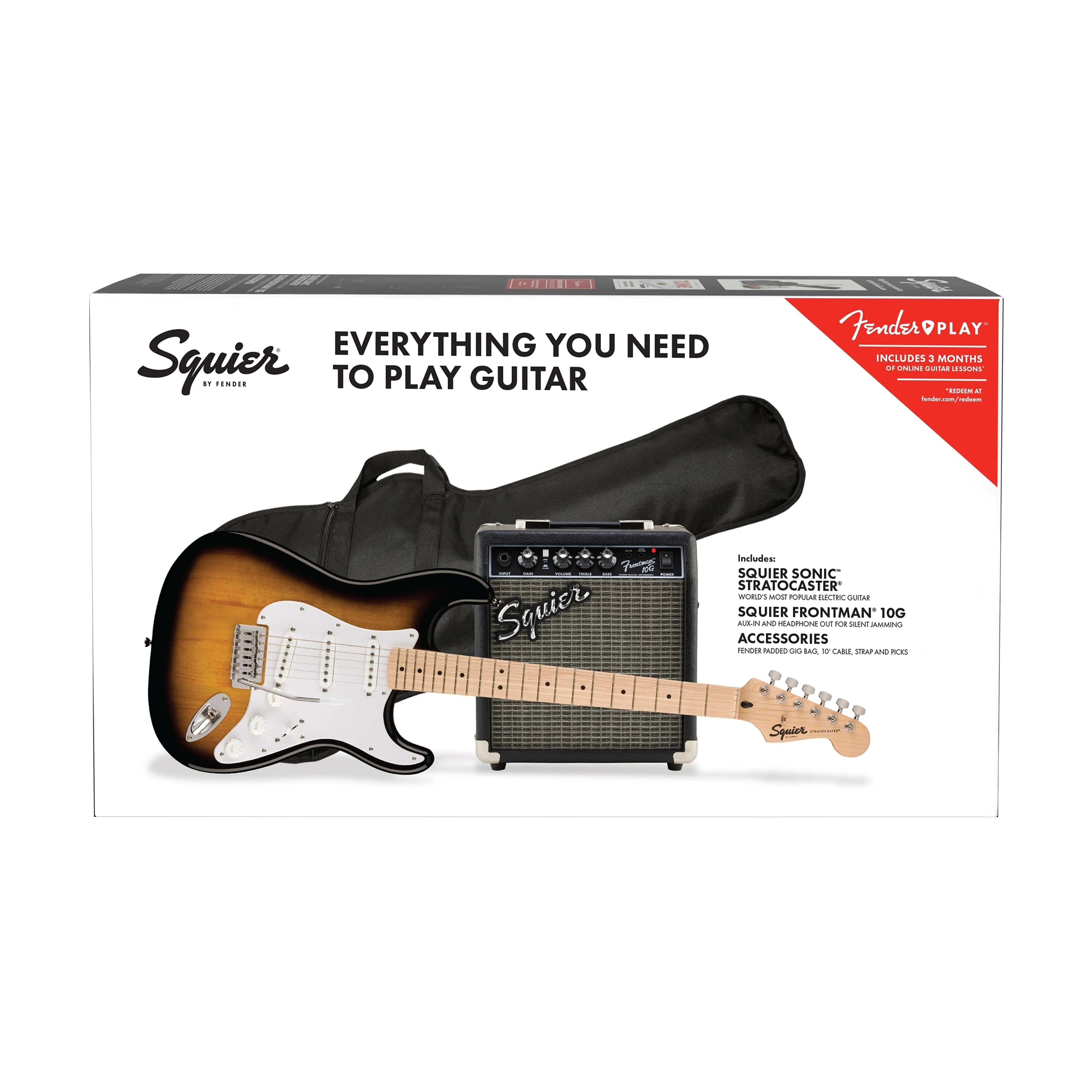Squier Sonic Stratocaster Pack w/Gig Bag, Maple FB, 10G, 230V UK, 2-Color Sunburst - Image 3